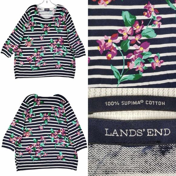 Lands End Sweater Supima Cotton Navy Blue Striped Floral Womens Plus Size 3X - Picture 1 of 8